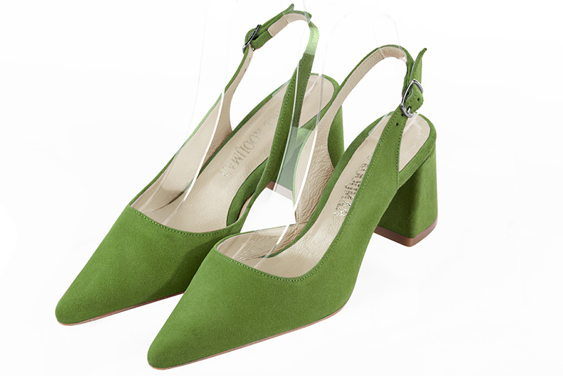 Grass green women's slingback shoes. Pointed toe. Medium flare heels. Front view - Florence KOOIJMAN